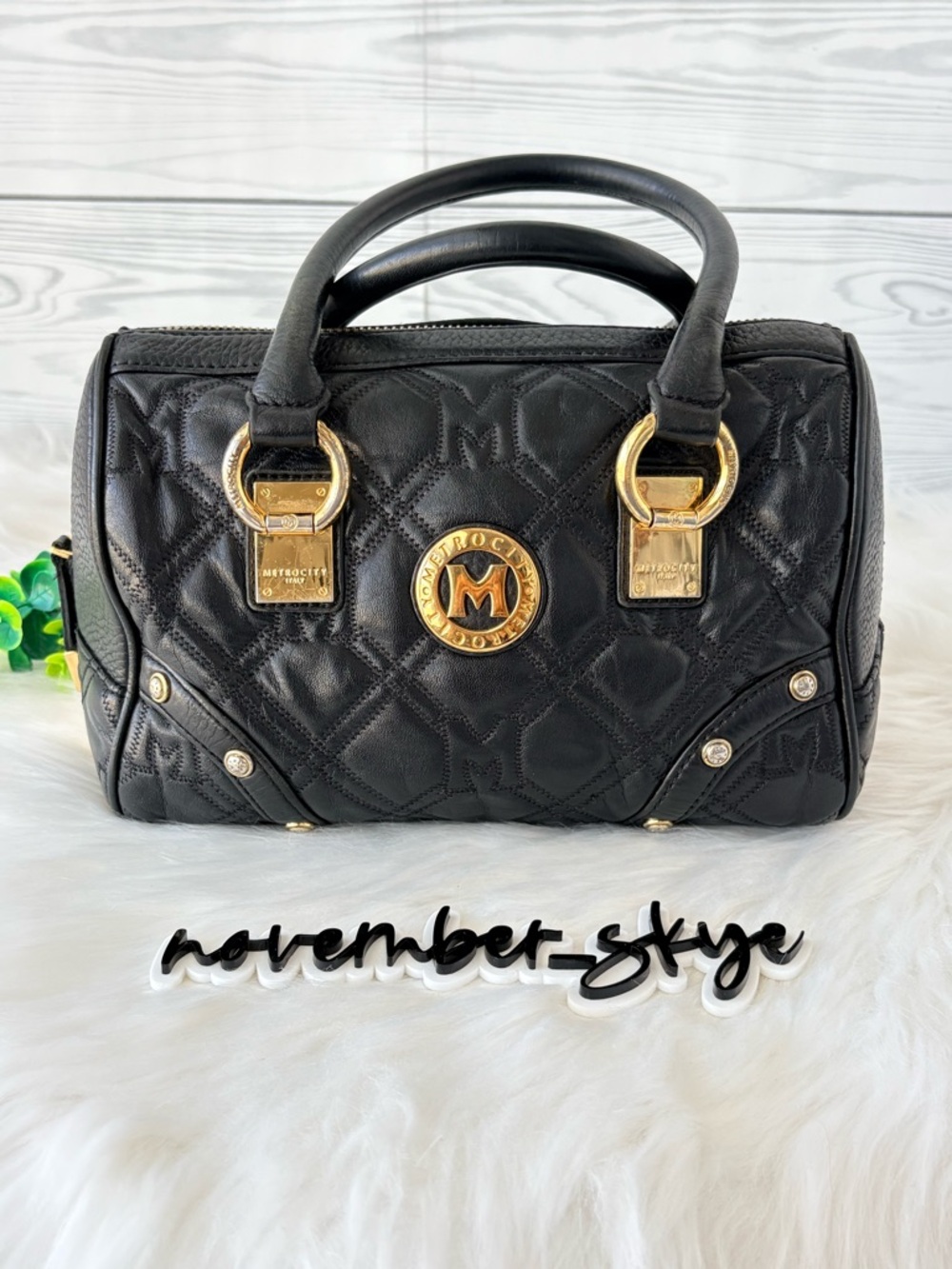 Metrocity Black Boston Bag with Gold Accents
